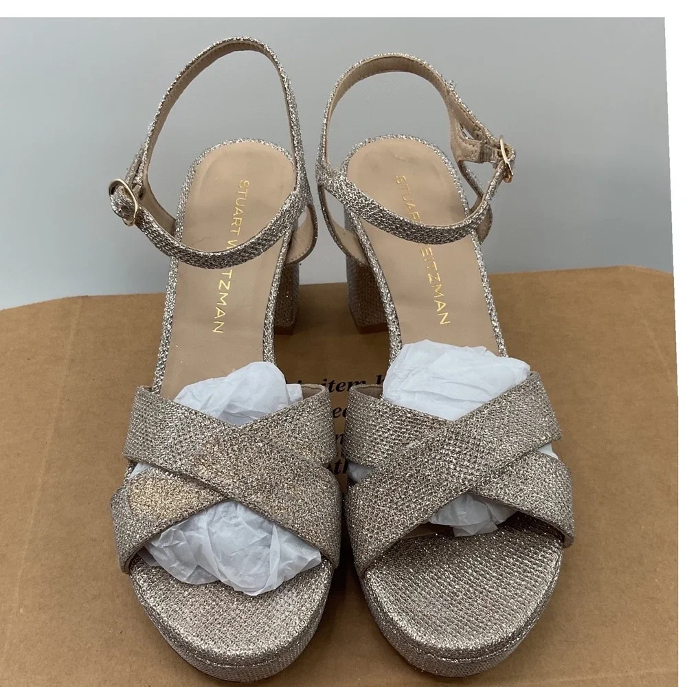 Stuart Weitzman‎ Metallic Champagne Glitter Platform Block Heel Sandals Spain 9